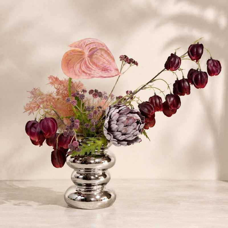 Arrangement de fleurs artificielles rétro réalistes de 7,8 po avec vase en céramique empilé argent moderne