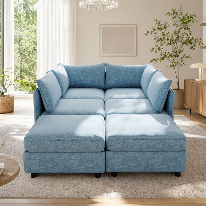 Canapé modulaire en U pour 6 personnes, flexible et personnalisable, avec rangement sous le siège, Chenille bleu