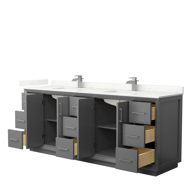 Strada 84'' Double Bathroom Vanity with Quartz Top, Dark Gray, Satin Bronze, Giotto Quartz