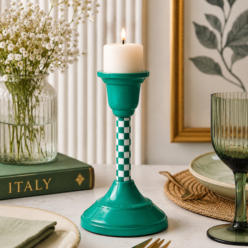 Handcrafted Jade Mint Checkered Aluminum Candleholder, 7.75" H x 4.25" W x 4.25" D
