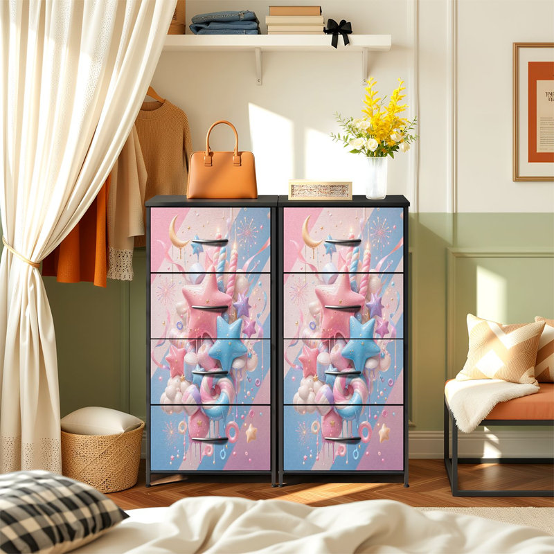 4 Drawer Vertical Storage Dresser Pastel Candy Star Fantasy Pink Blue Sweet Treats Sparkles Whimsical 3D with Wood Top Fabric Pull Drawers