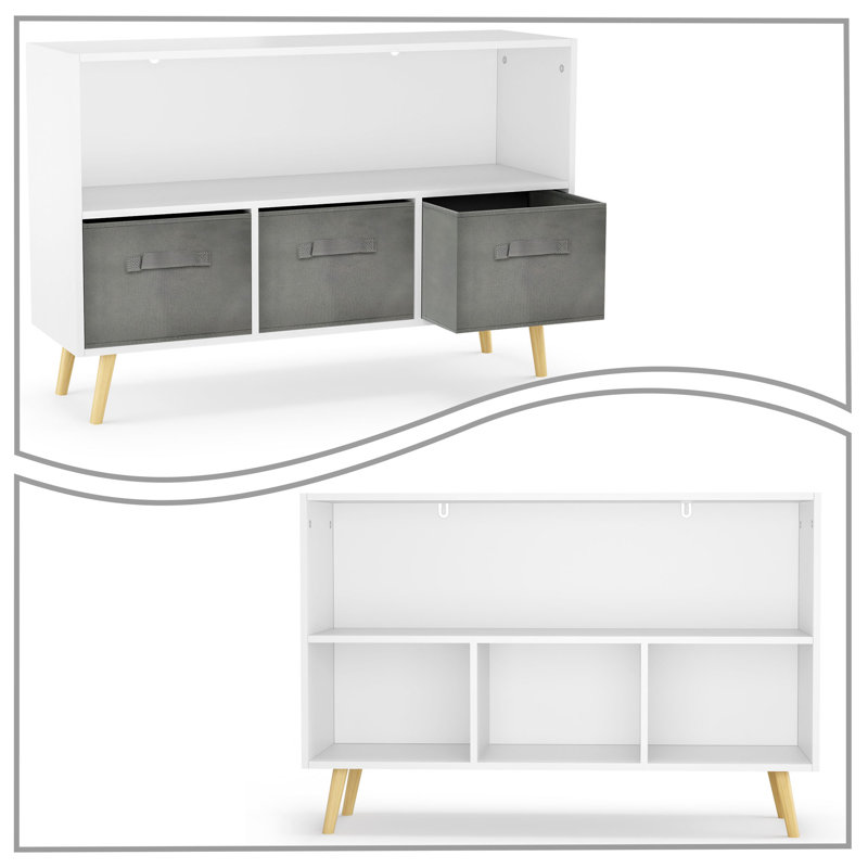 Judene Wooden Bookcase with Three Removable Fabric Drawers, White/Gray
