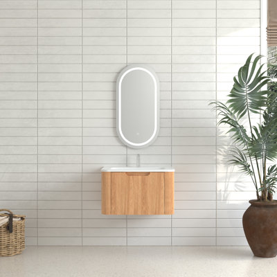 Armoire de salle de bain flottante murale 24 po pré-assemblée à bord arrondi de couleur noyer naturel avec cuve en céramique blanche