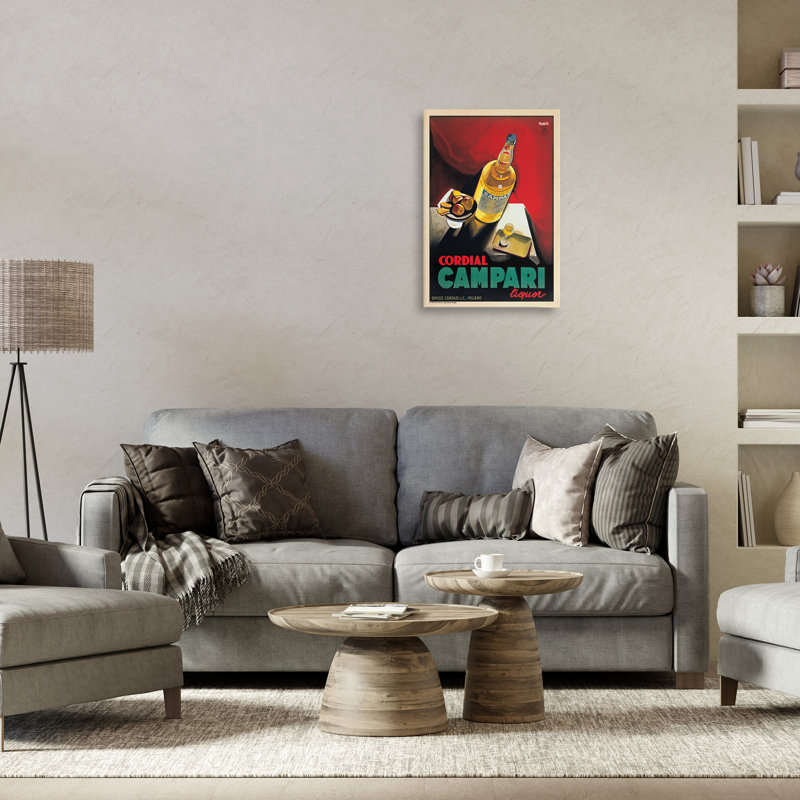 Art mural antique sur toile liqueur Compari, design par Marcello Nizzoli, H 24 po x l 16 po