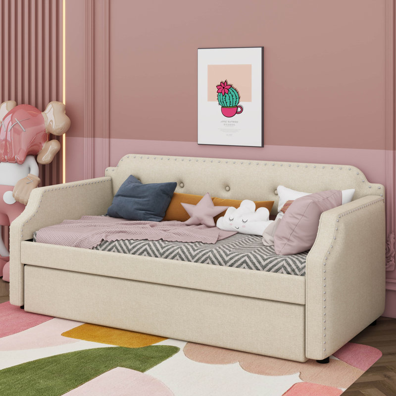 Twin Size  Linen Upholstered Daybed Sofa Bed With Pull-Out Trundle Design, Beige