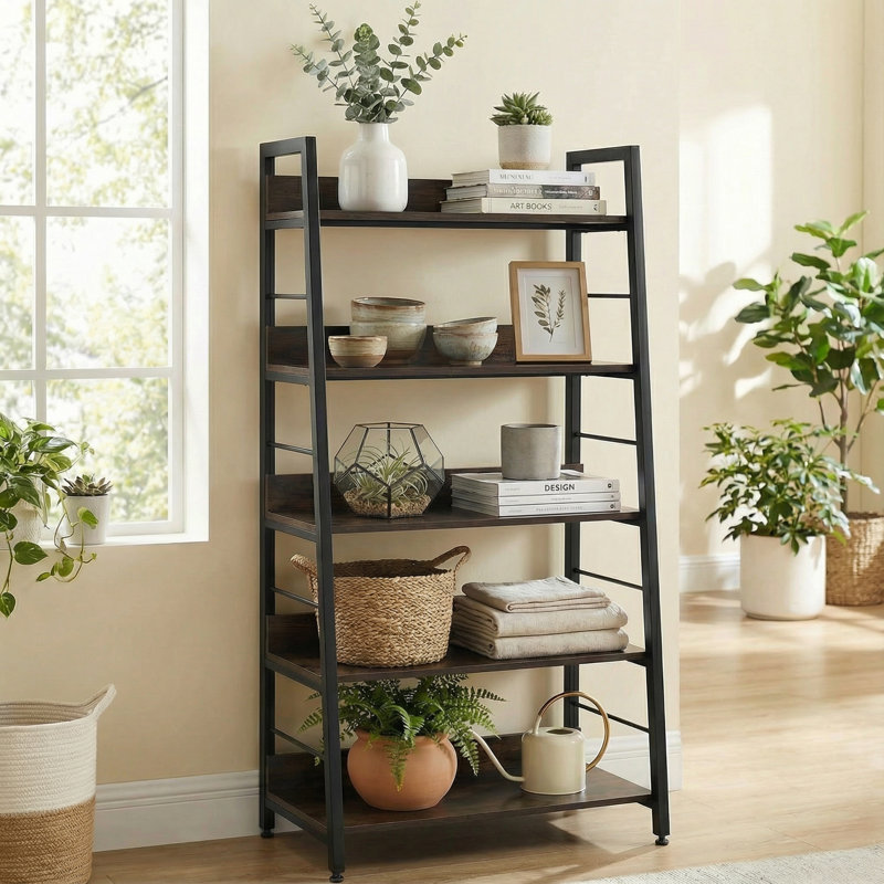59.2" Ladder Bookcase, Rustic Industrial Wood Bookshelf Bookcase For Living Room, Bedroom, Home Office, Walnut