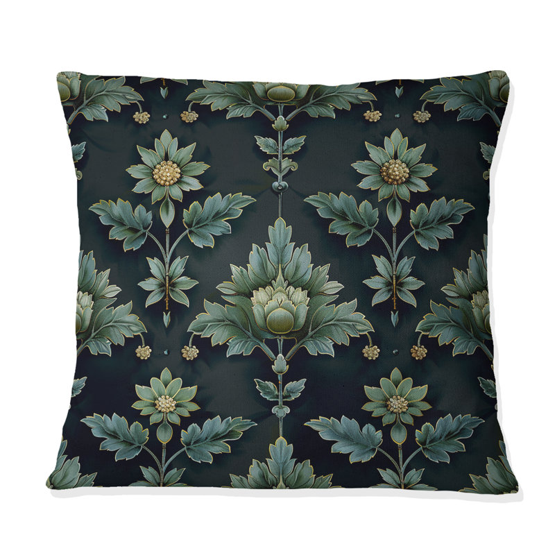 Vert, jaune, floral, vignes I - Coussin décoratif moderne, H 16 po x l 16 po