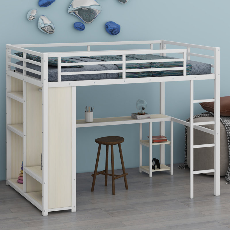Metal Loft Bed Frame With Built-In Wardrobe, Desk And Storage Shelves, White/White Woodgrain