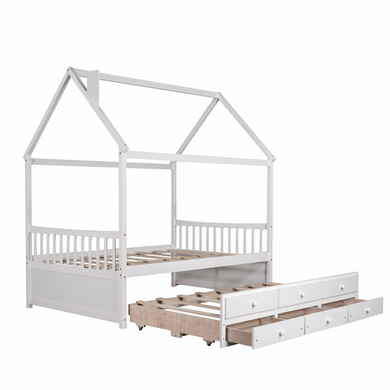 Lit en bois avec lit gigogne et 3 tiroirs de rangement, Blanc, Double