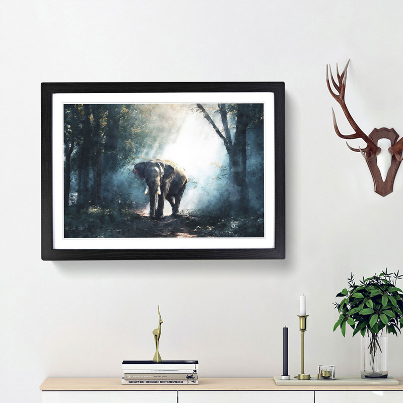 Elephant Roaming in a Green Forest - Picture Frame Graphic Art Print, Black Framed, 24cm H x 33cm W x 2cm D