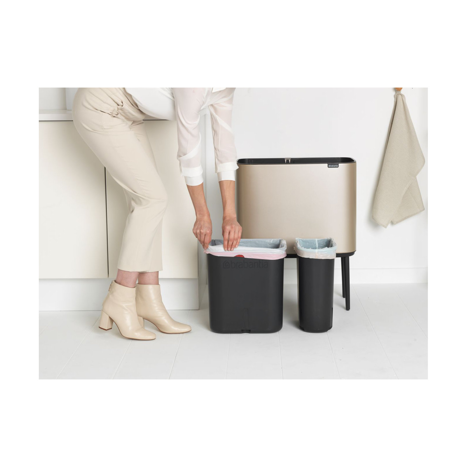 Brabantia Bo Touch Top Dual Compartment Recycling Trash Can, 3 + 6 Gallon (9 Gallon Capacity), Metallic Gold