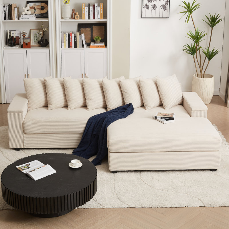  Canapé modulaire en L 104 po avec méridienne en velours côtelé de 104 po, siège profond avec 8 coussins et rangement pour accoudoirs, beige