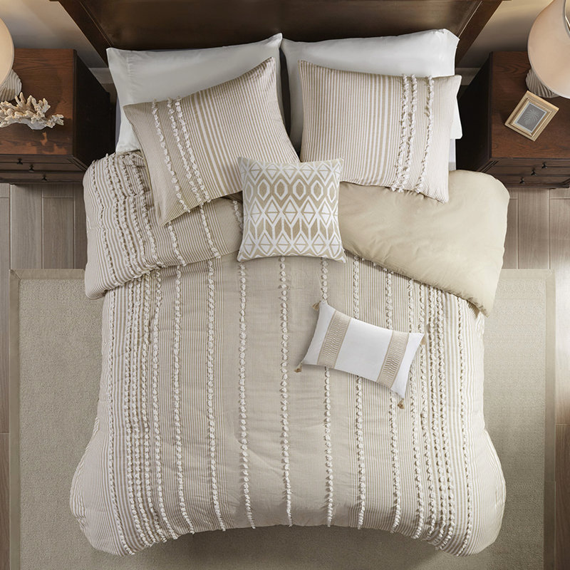 Housse de couette 3 pièces en coton très grand teint en coton avec rayures taupe et blanches