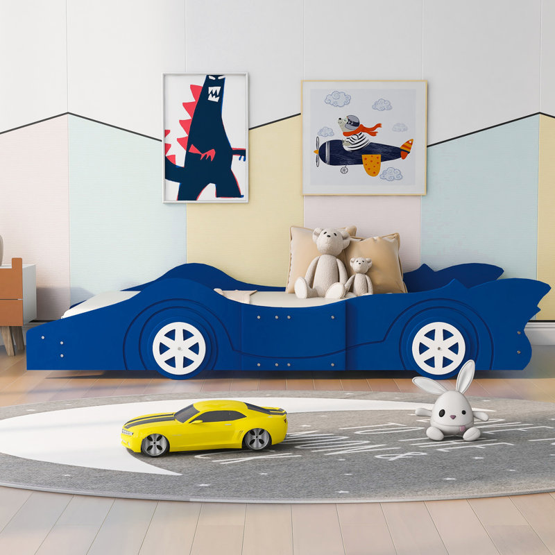 Lit plateforme simple en forme de voiture de course avec roues, durable et sécuritaire pour les chambres d'enfants, Bleu
