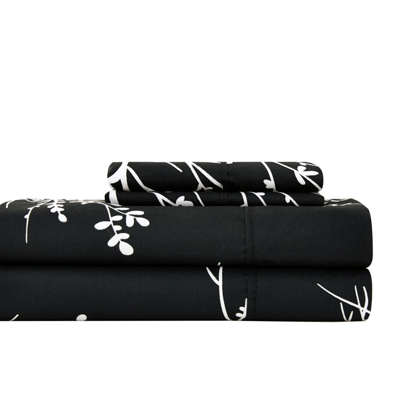 Ensemble de draps en microfibre Foliage, Ensemble de draps pour lit simple avec un drap-hou, Noir/Ivoire