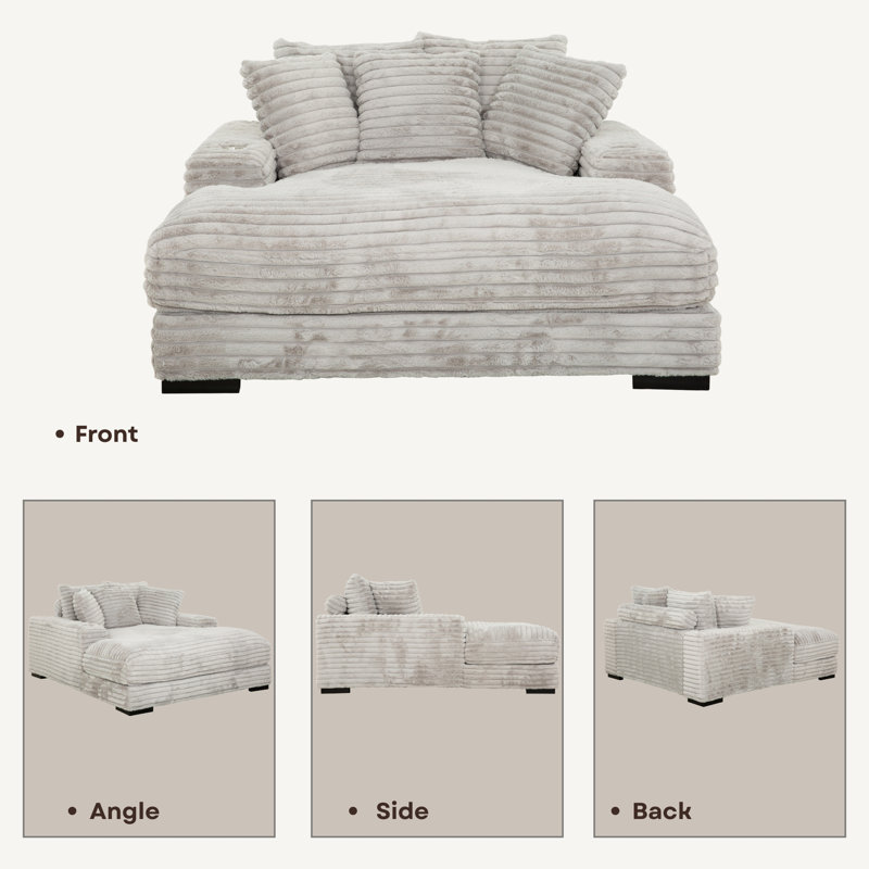 Adasha Grey Corduroy Chaise Lounger Sleeper with Wood Frame, Cupholders and USBs, Gray