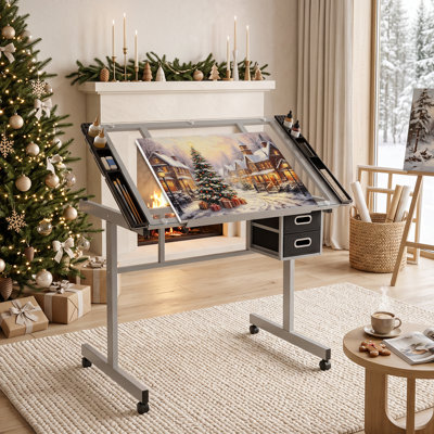 Table de travail à roulettes avec plateau réglable en verre trempé