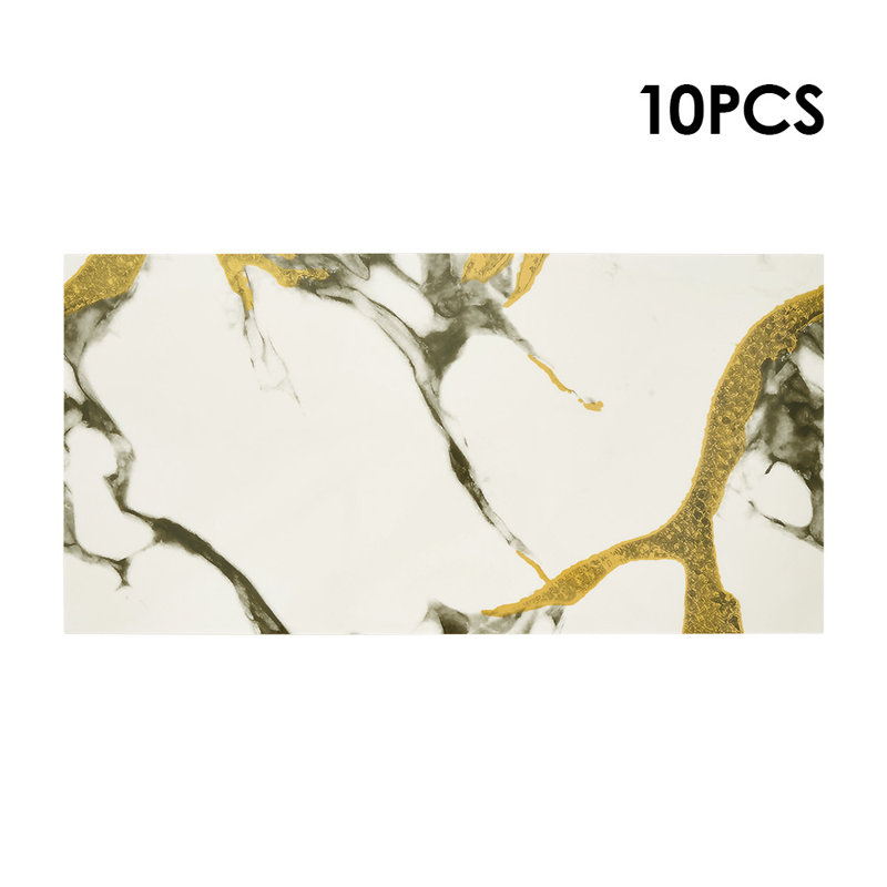 10Pcs Self-Adhesive Marble Pattern Wall Tile Stickers, 60cm L x 30cm W, White/Grey/Gold