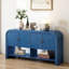 Console de style américain bleu marine avec lattes en bois tissé et placage de bois massif - Solution de rangement pour hall d'entrée et couloir-1921576673