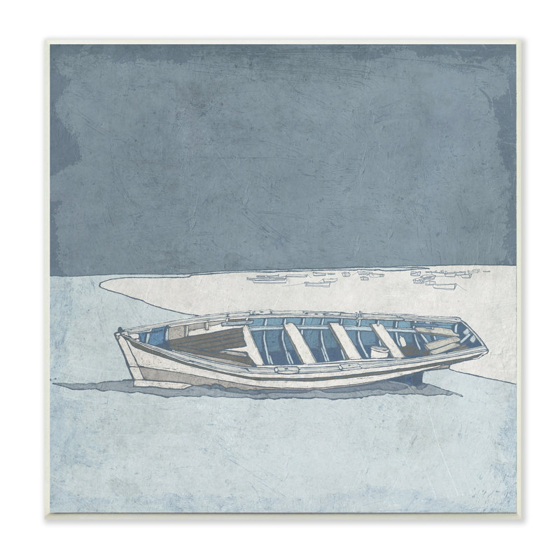 Paysage de plage en barque bleue monochrome par Ynon Mabat - peinture, H 12 po x l 12 po, Plaque murale