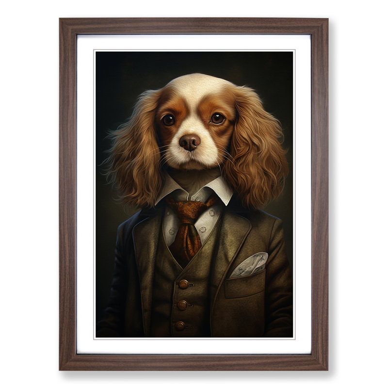 Cavalier King Charles Spaniel in a Suit Painting - Framed Print, 46cm H x 34cm W x 2cm D, Walnut