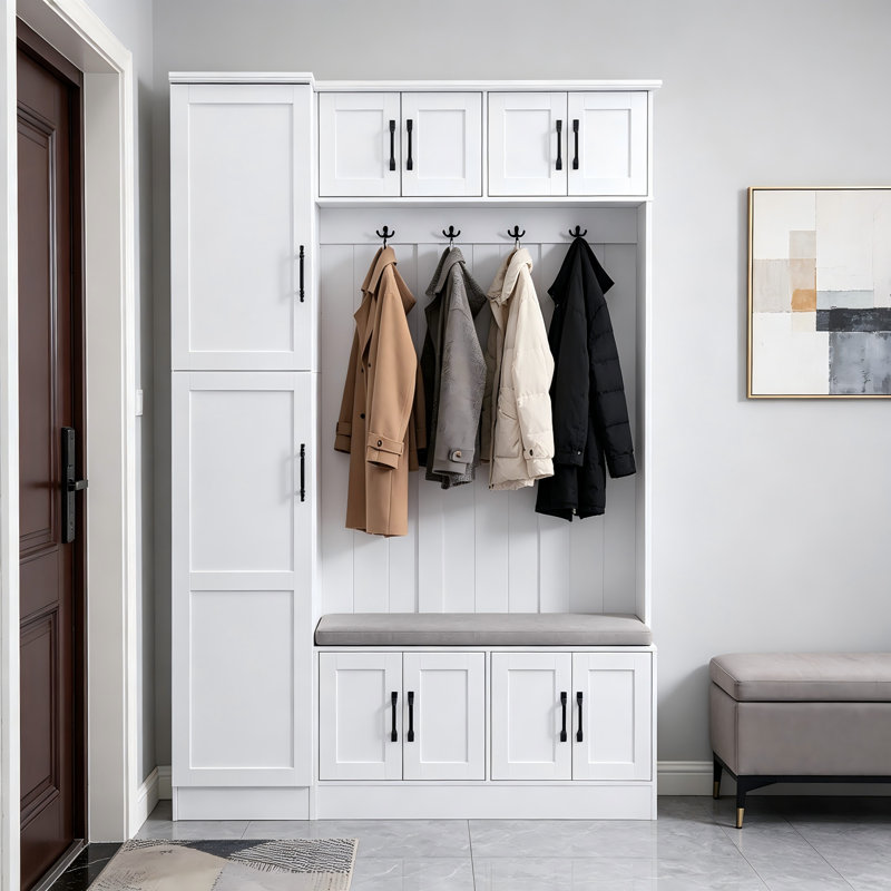 79 Inch Tall Modern Integrated Hall Tree, 4-In-1 Entryway Bench With 6 Storage Cabinets, 4 Coat Hooks And Adjustable Shelf, Hallway Living Room Storage Furniture, White