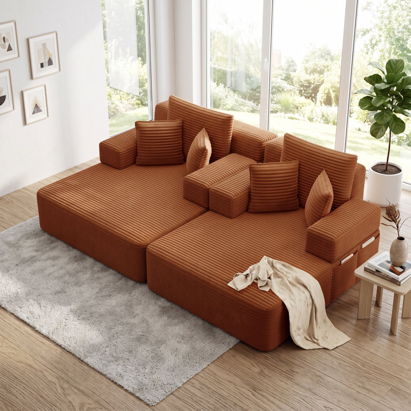 Canapé-lit double surdimensionné avec poches de rangement Unarepos Corduroy, Orange