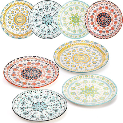 8-inch round colorful floral porcelain plate, suitable for desserts, lunch, steak, fruits, snacks, microwave and dishwasher. 8-piece set