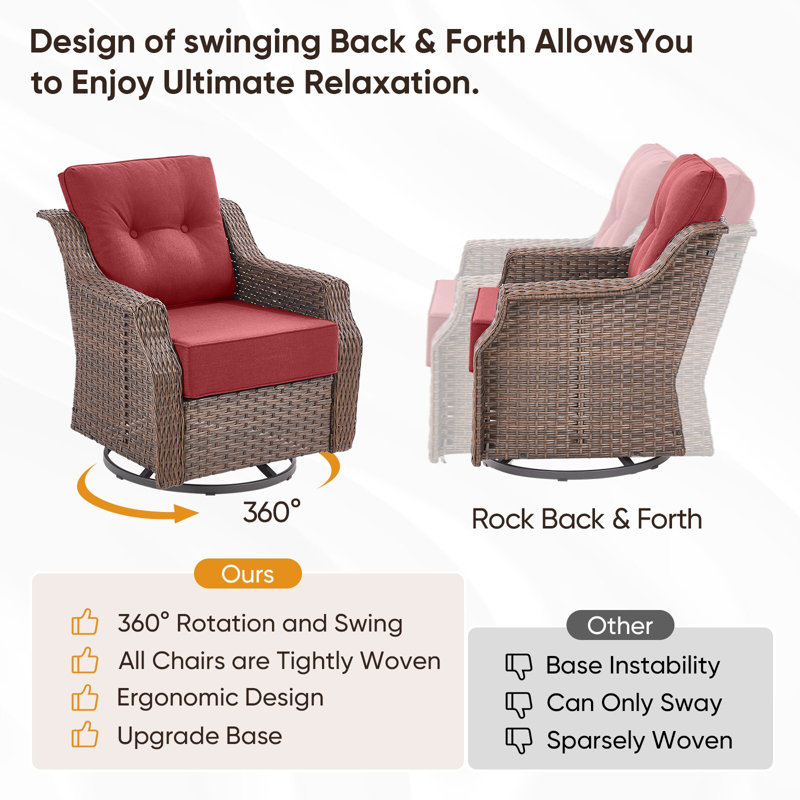 Lisandro 5-Piece All-Weather Outdoor Wicker Square Fire Pit Conversation Set With Swivel Gliders And Side Table For Patio＆Garden
