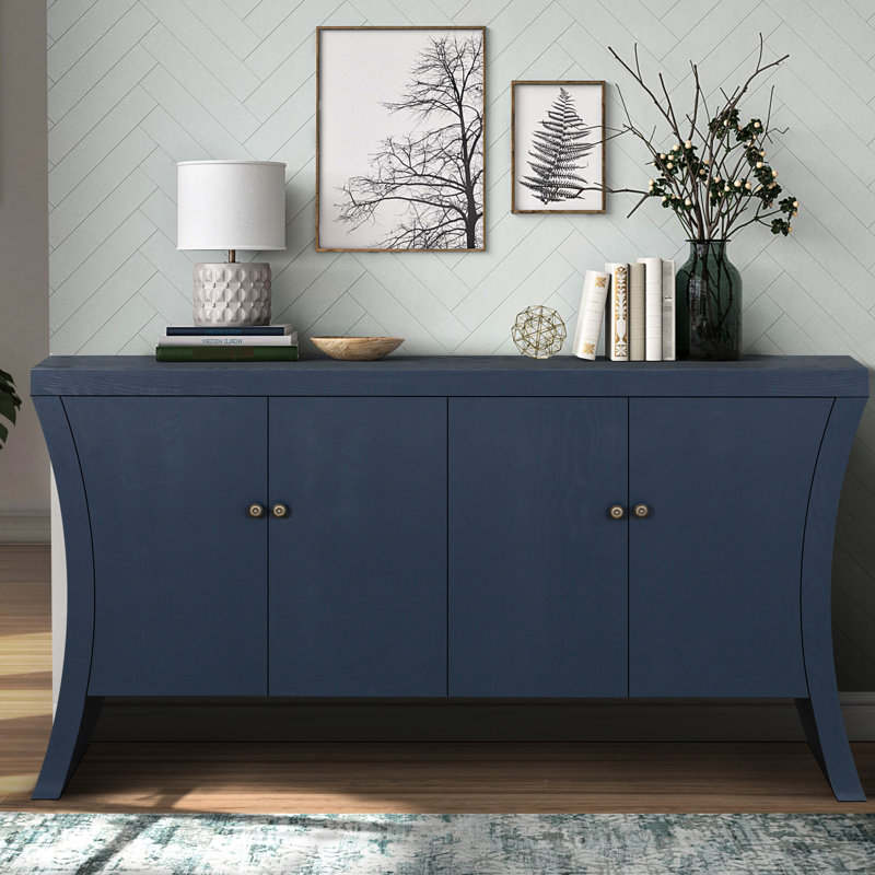 Bleu marine avec pieds en bois d'ingénierie de pointe - Rangement à 4 portes pour espace de vie dans la quincaillerie bronze arc