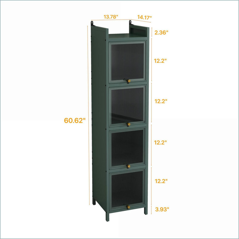 Cabinets, Modern Forest Green Iron + Glass Four-tier Glass Door Cabinet with Five-tier Storage | 13.8Lx14.2Wx60.6H | Contemporary | Entryway
