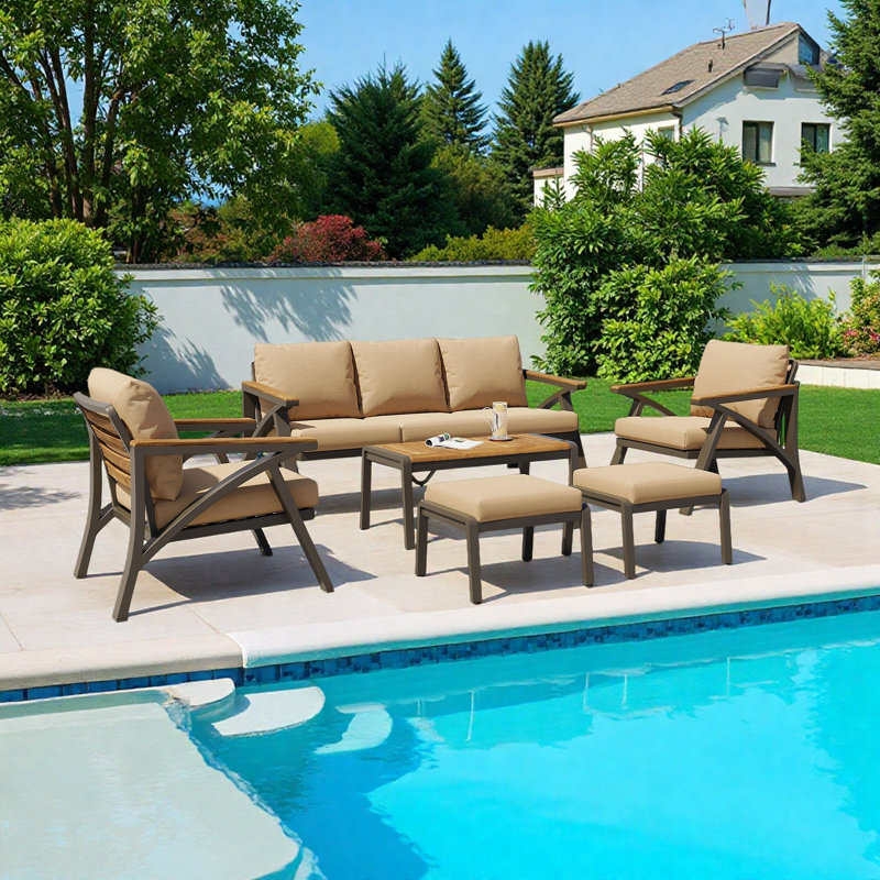 Ensemble de conversation modulaire d'extérieur en acacia 6 pièces pour patio, Brun
