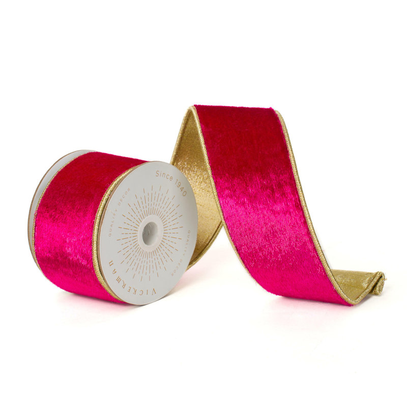 Vickerman 10 Yds Shiny Velvet with Gold Trim/Backing Ribbon., 0.2" H x 360" W x 2.5" D, Hot Pink