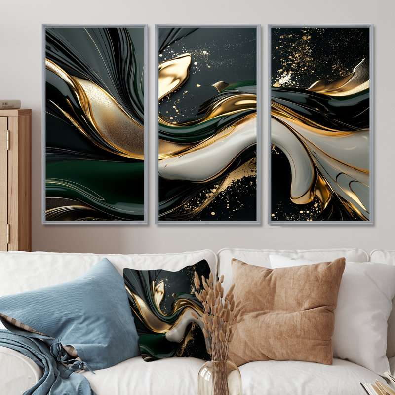 Or noir et noir captivant - ensemble d'art mural abstrait vagues modernes, 28" H x 36" W x 1" D, Silver Floater Framed Canvas