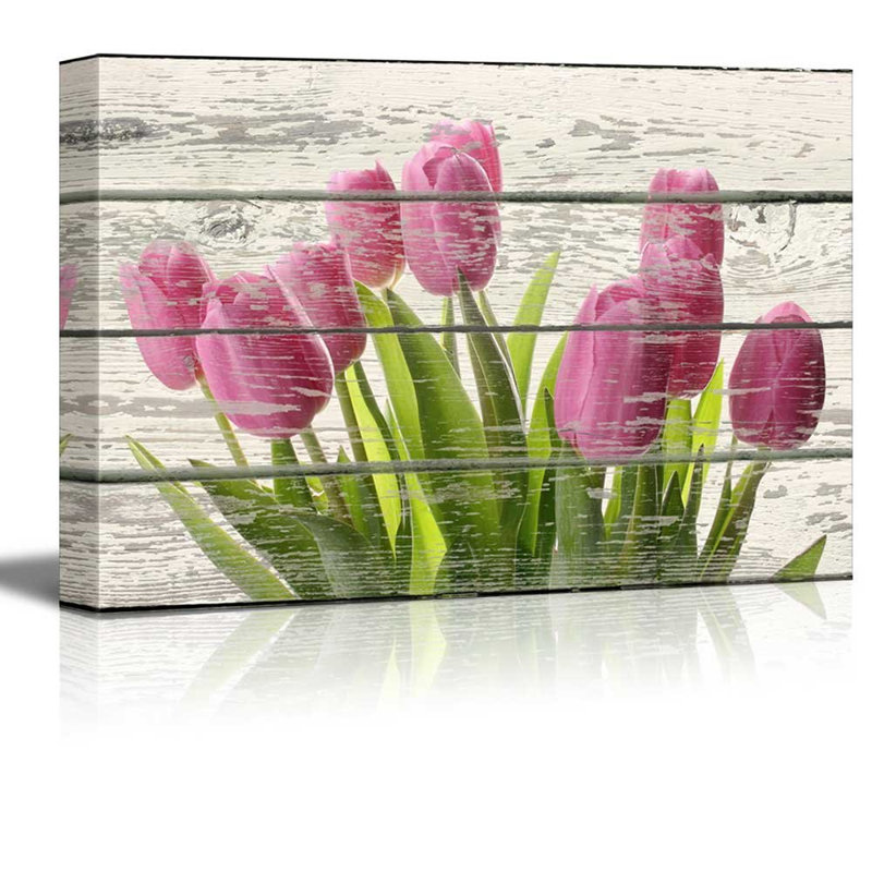 Bouquet de fleurs et de belles tulipes roses, œuvre d'art rustique, H 12 po x l 18 po