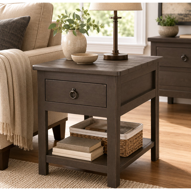Canales Solid Wood End Table with Storage, Rustic Gray