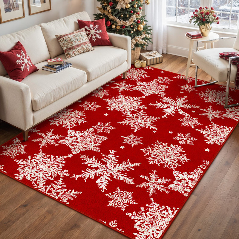 Tapis de Noël lavable Chamora avec motif classique rouge et flocon de neige, Rectangulaire 3 pi x 5 pi