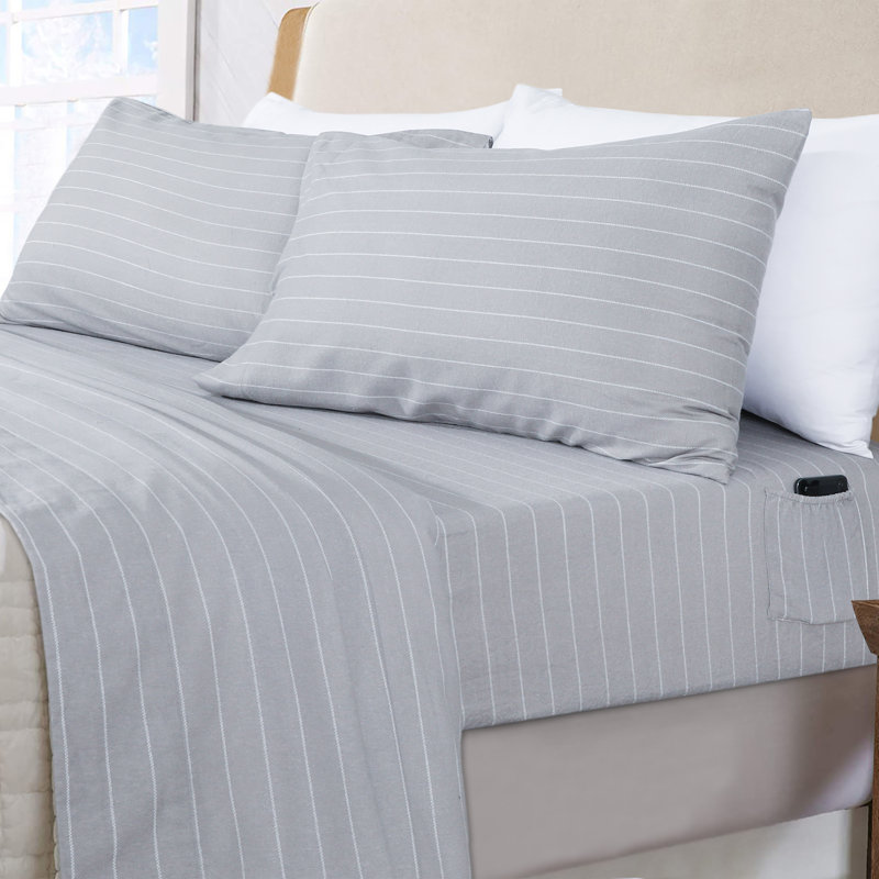 Ensemble de literie en flanelle 100 % coton, Ensemble de draps pour très grand lit californien, Rayures fines grises