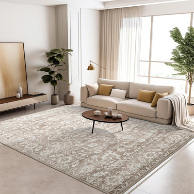 Machine Washable Medallion Floral Area Rug(Brown)