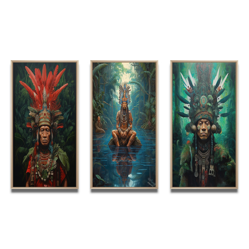 Indigène, chaman, coiffe de plumes de l'Amazonie, ensemble de 3 pièces d'art, Cadre naturel flottant, H 32 po x l 48 po