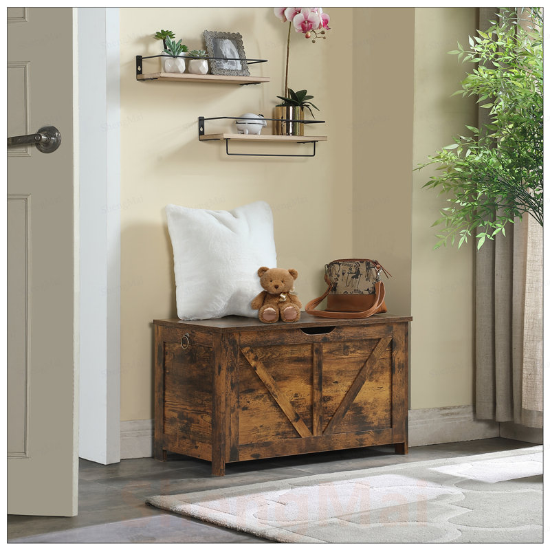 Banc de rangement rustique brun avec intérieur spacieux et poignée en forme de U, organisateur de coffre à jouets polyvalent et solution d'assise pour plusieurs pièces, assemblage facile et fabrication durable