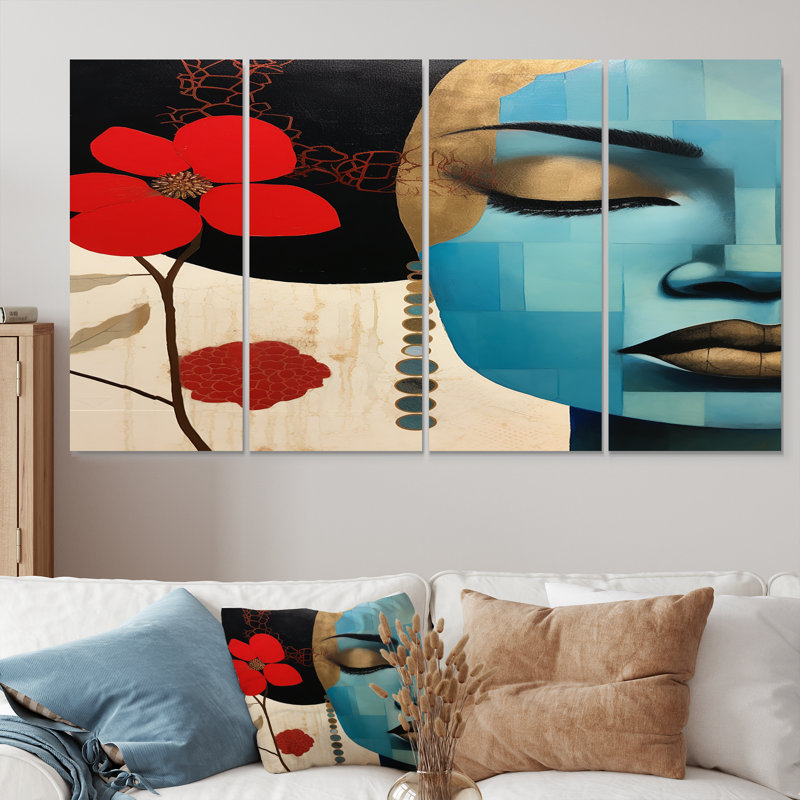 Ensemble de 4 décorations murales minimes or et bleu, fleurs rouges et beauté - femme champêtre, H 32 po x l 64 po