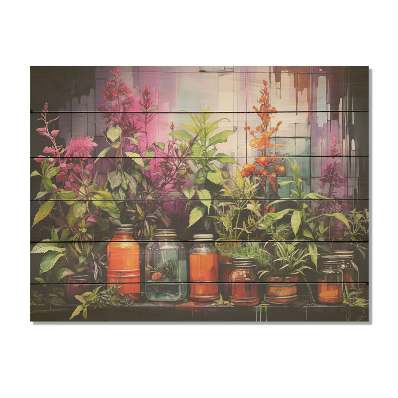 Blooming Urban Harvest With Poteries - Herbes, art mural sur bois de pin naturel, H 10 po x l 20 po