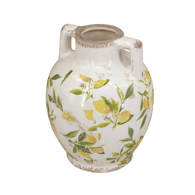 White Ceramic Vase with Yellow Lemon Motif