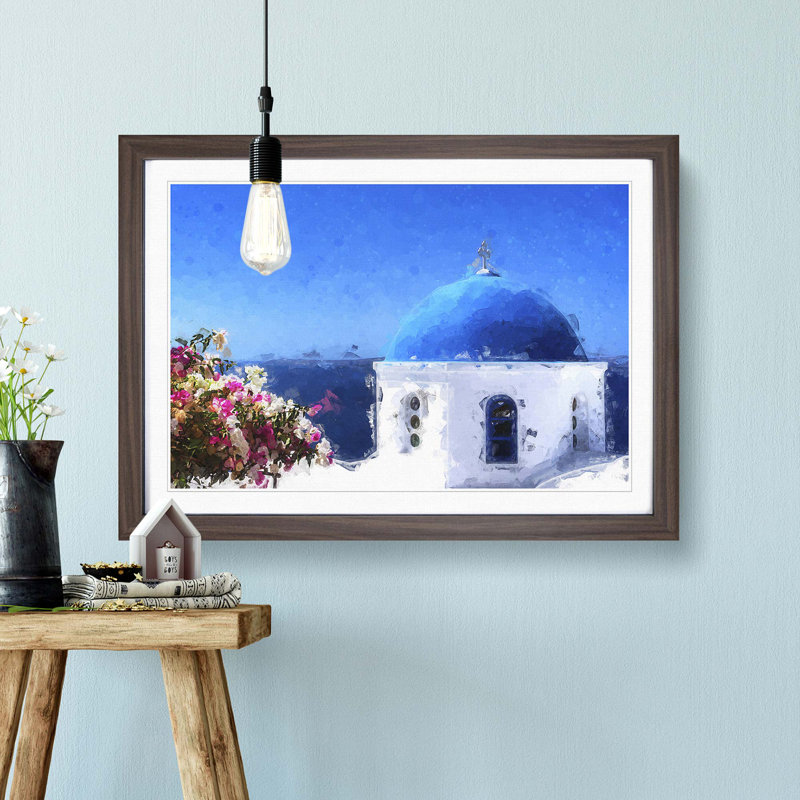 Santorini Blue Domed Church in Abstract - Picture Frame Graphic Art Print, 35cm H x 50cm W x 2cm D, Walnut