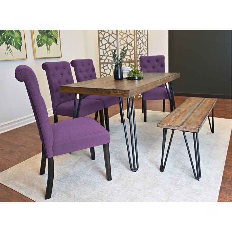 7-Piece Dining Set, Hairpin Dining Table With 6 Chairs, 4 Color Options, 6 Pieces: Table, Bench, 4 Chairs, Purple