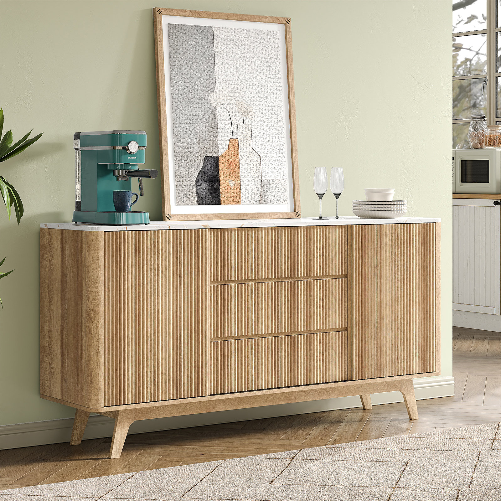 Buffet Avec Portes Coulissantes - Armoire Rangement 8 Compartiments, 100x40x80 Cm, Noir Et Naturel