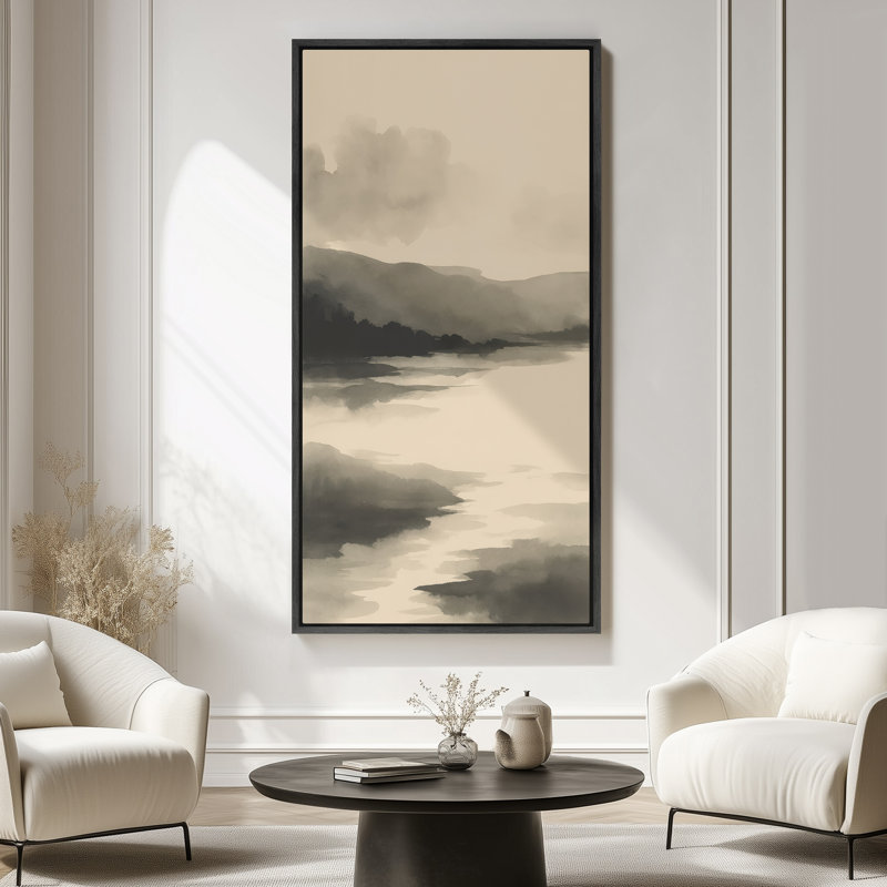 «Neutral Tone Lake Landscape», art mural encadré sur toile, H 60 po x l 30 po, Noir