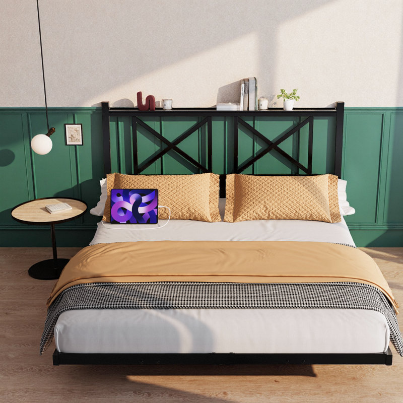 Base de lit plateforme pleine grandeur flottante - tête de lit avec rangement, charge USB, lumières DEL RVB, lattes en acier robustes, assemblage facile, noir