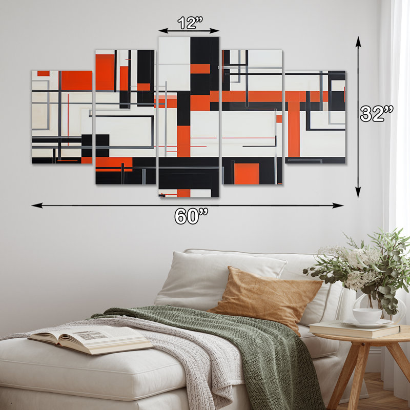 Ensemble de 5 pièces décoratives géométriques rouges modernisées - déco géométrique, H 32 po x l 60 po